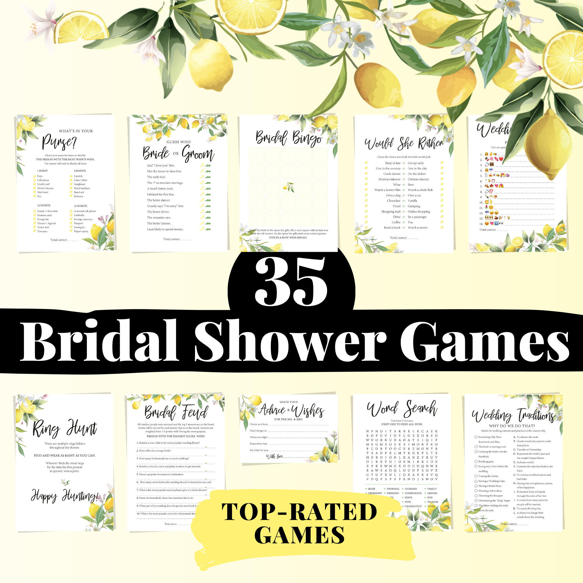 35 Printable Bridal Shower Games, Lemon Design - Top-Rated Bridal Shower Game Bundle, Instant Download