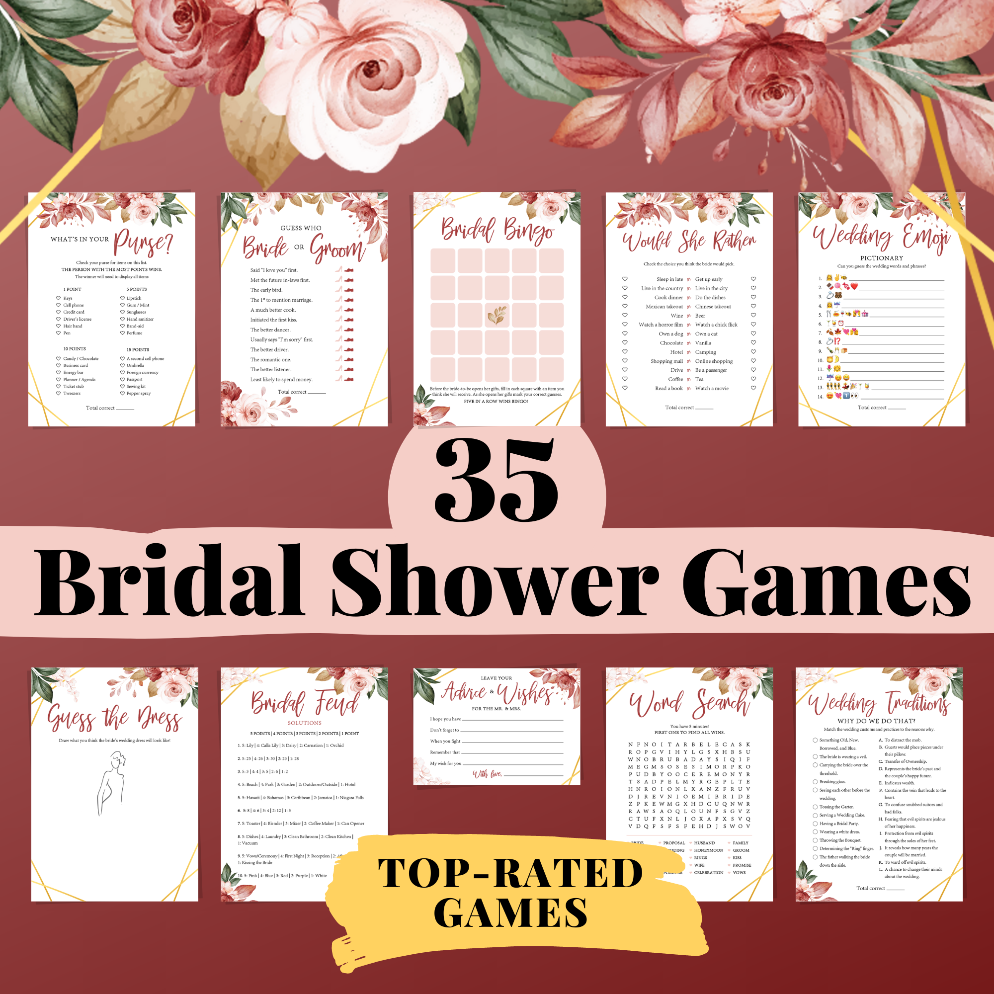 35 Printable Bridal Shower Games, Floral Design - Top-Rated Bridal Shower Game Bundle, Instant Download